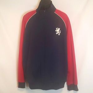 Zipped red and blue bomber jacket